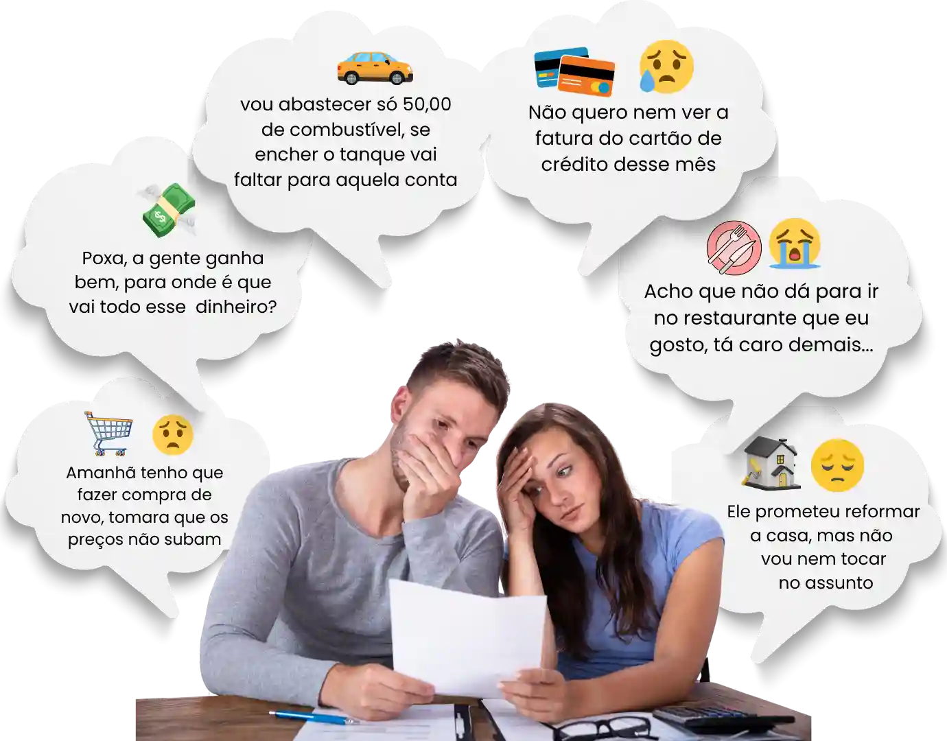 casal endividado buscando solu&ccedil;&atilde;o para arrumar as finan&ccedil;as